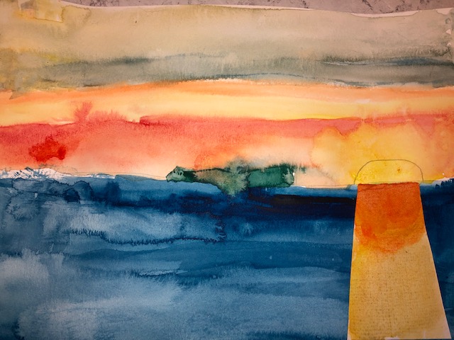 Watercolour of sunset over lake