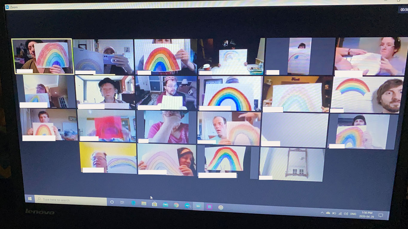 Screen shot of Zoom workshop, all holding rainbows