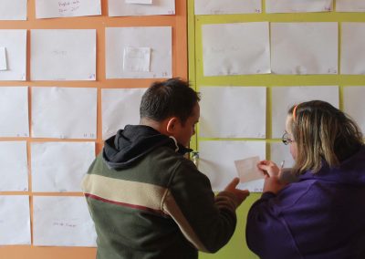 Two H'art artists working on a storyboard on wall