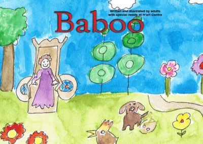 Book cover illustration, Baboo in park with animals