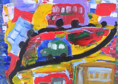 Acrylic painting of trucks and buses