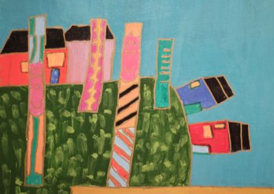 Acrylic painting of houses and totem poles