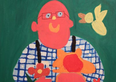 Acrylic painting of smiling man in checkered shirt holding flowers