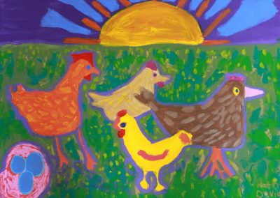 Acrylic painting of chickens and sunrise