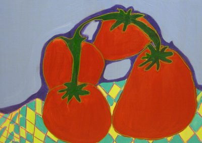 Acrylic painting of red tomatoes on checkered tablecloth