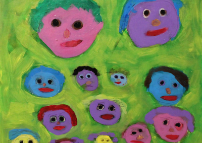 A group of 14 faces of various shapes, sizes and colours