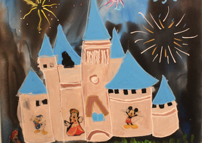 Multi media canvas of blue-spired castle and fireworks