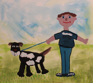 Canvas of a smiling man walking a spotted dog on a fine day