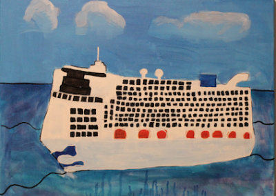 Canvas of a large cruise ship on calm water