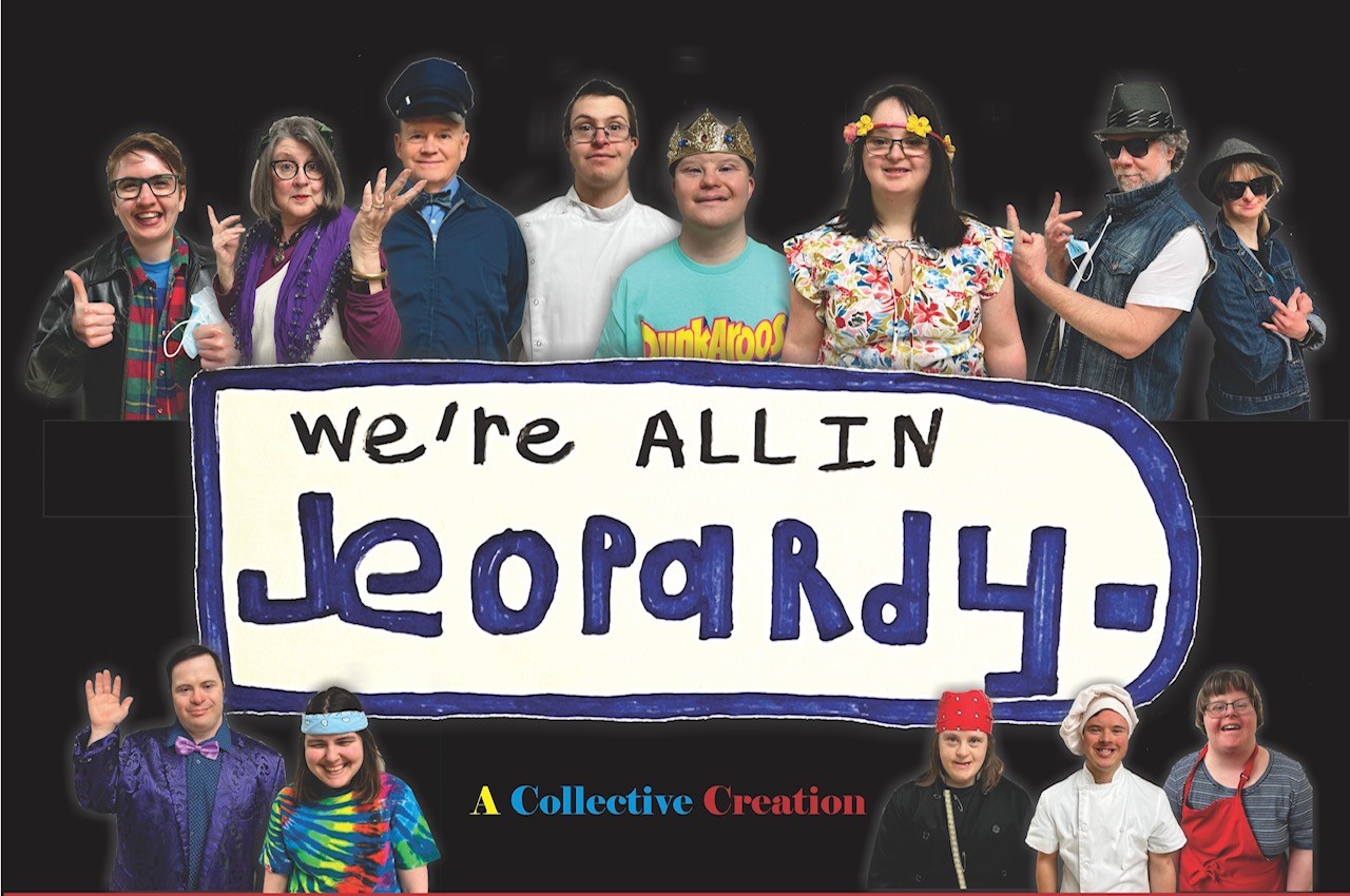 PeerLess cast around a banner reading "We're All in Jeopardy".