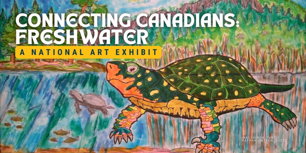 Two turtles swimming in a lake with a natural landscape behind. Text reads, Connecting Canadians - Freshwater A National Art Exhibit, Lake Huron Turtles by Nathan Gatten, 2022