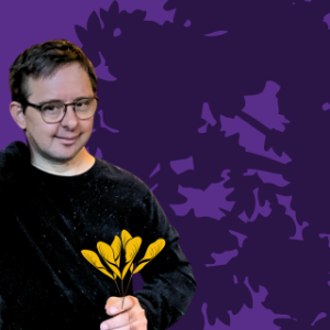 CC2025 Profile Pic H'art Artist in in front of a silhouette of a tree holding illustrated maple tree key seeds